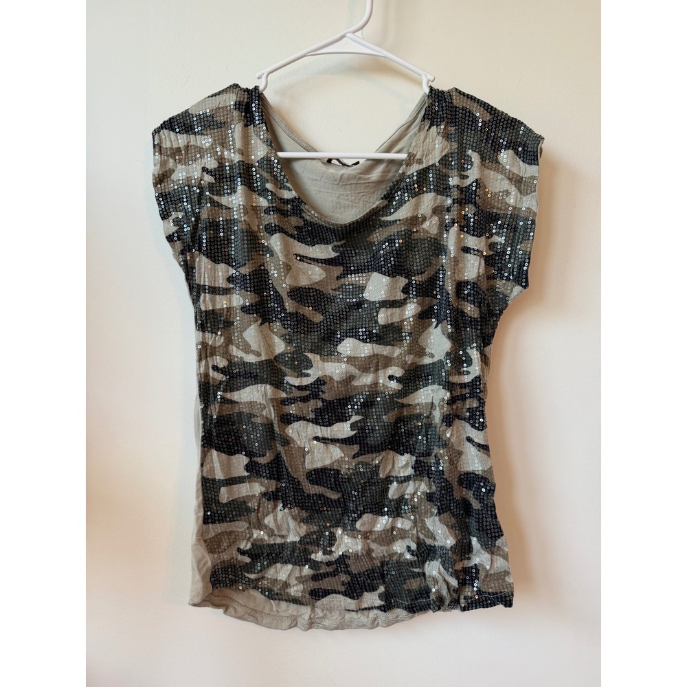 Sequin Camo Print Top Womens Medium Green Brown Camouflage Blouse Cap Sleev